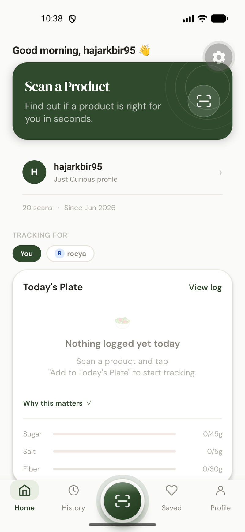 The PRODX app home screen — scan a product to see if it is right for you